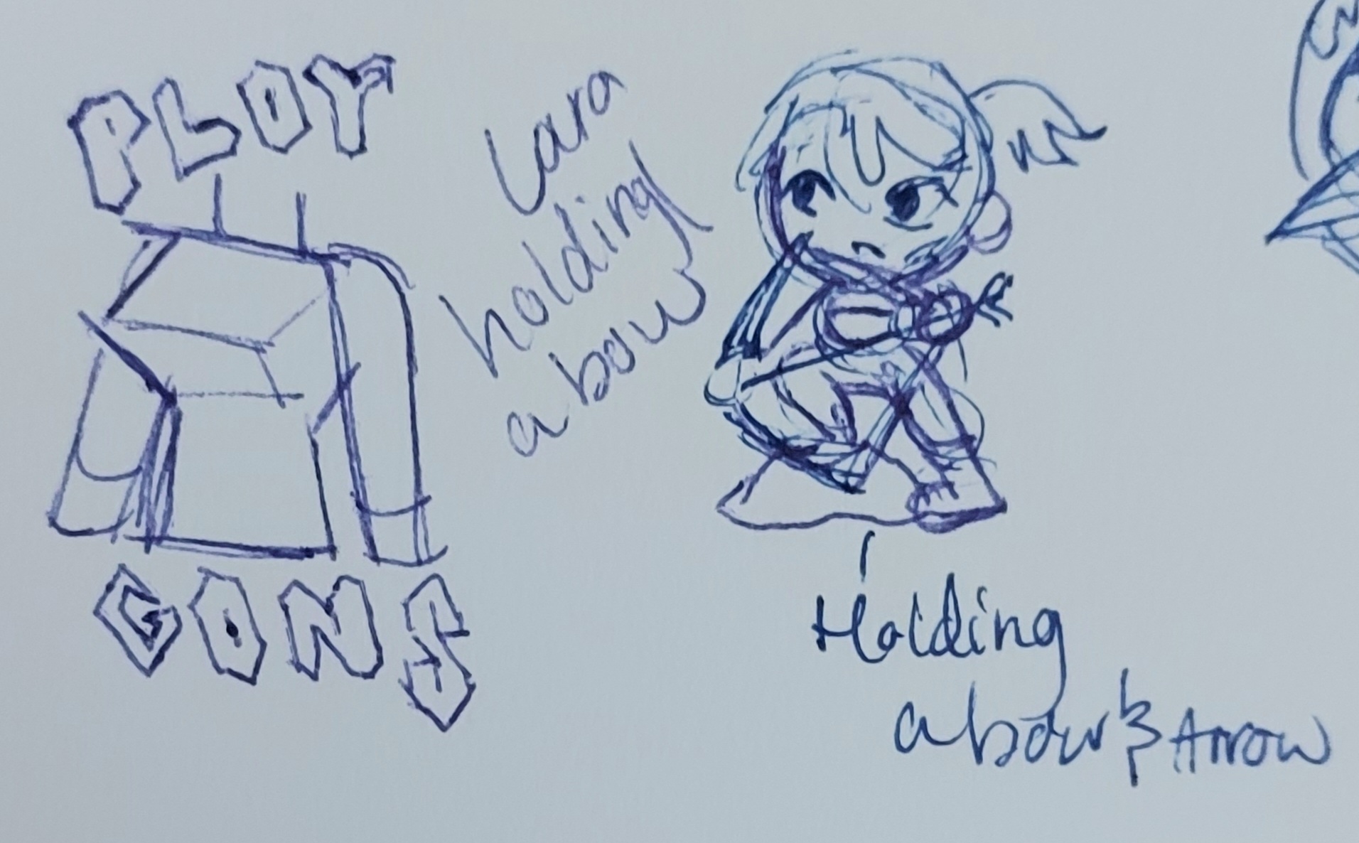 Sketch of Lara Croft holding a bow and one of Polygons with a picture of her polygon chest.