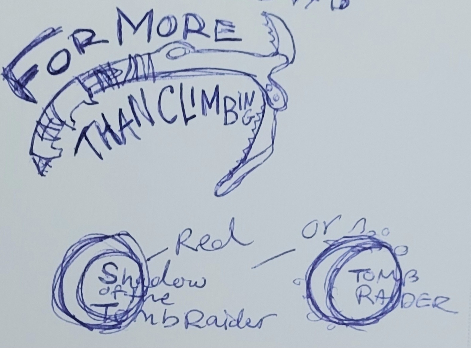 Lara Croft's climbing axe that says "For More Than Climbing" around it.