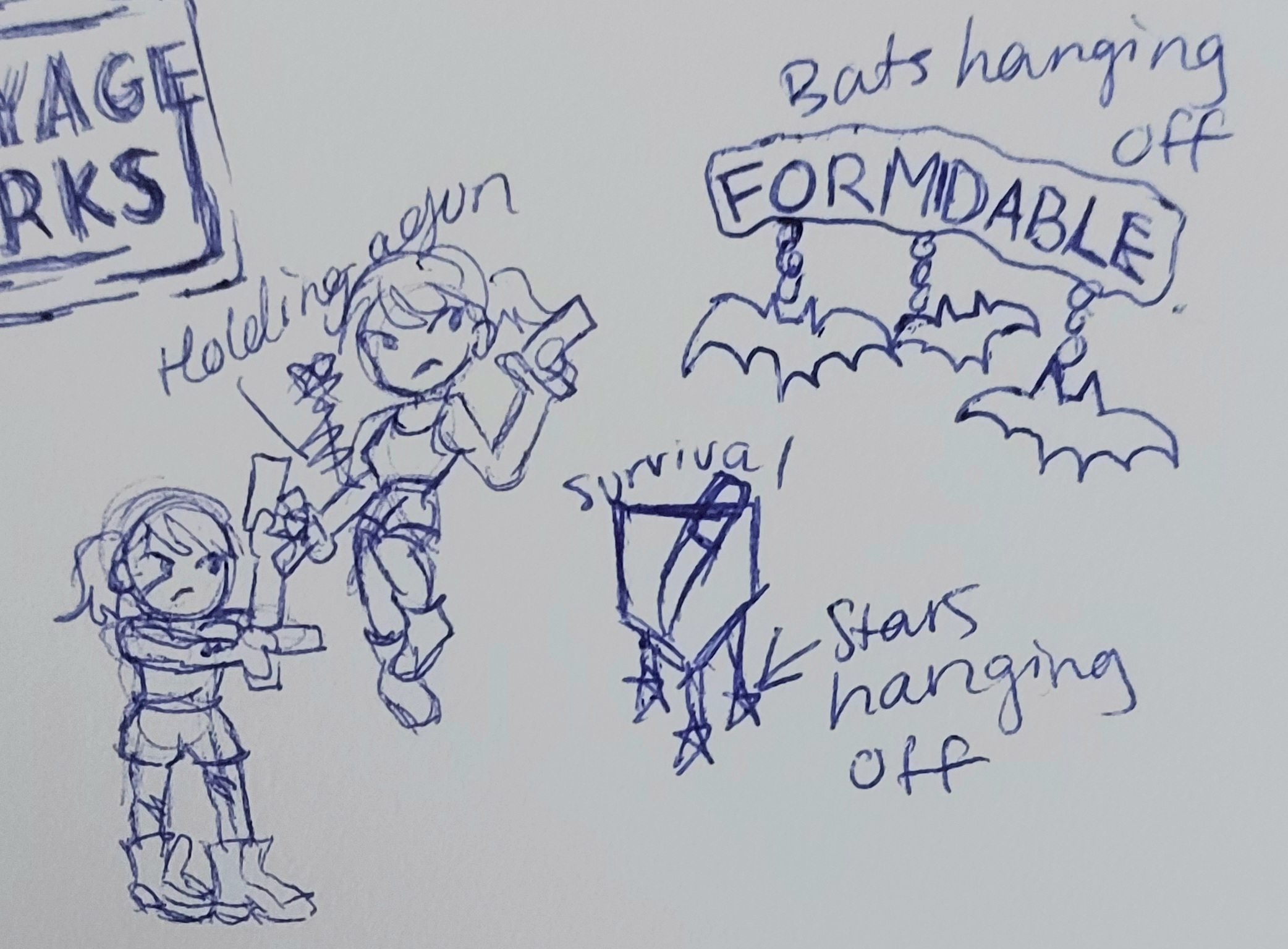 Sketches of Lara Croft holding guns and some badge designs.