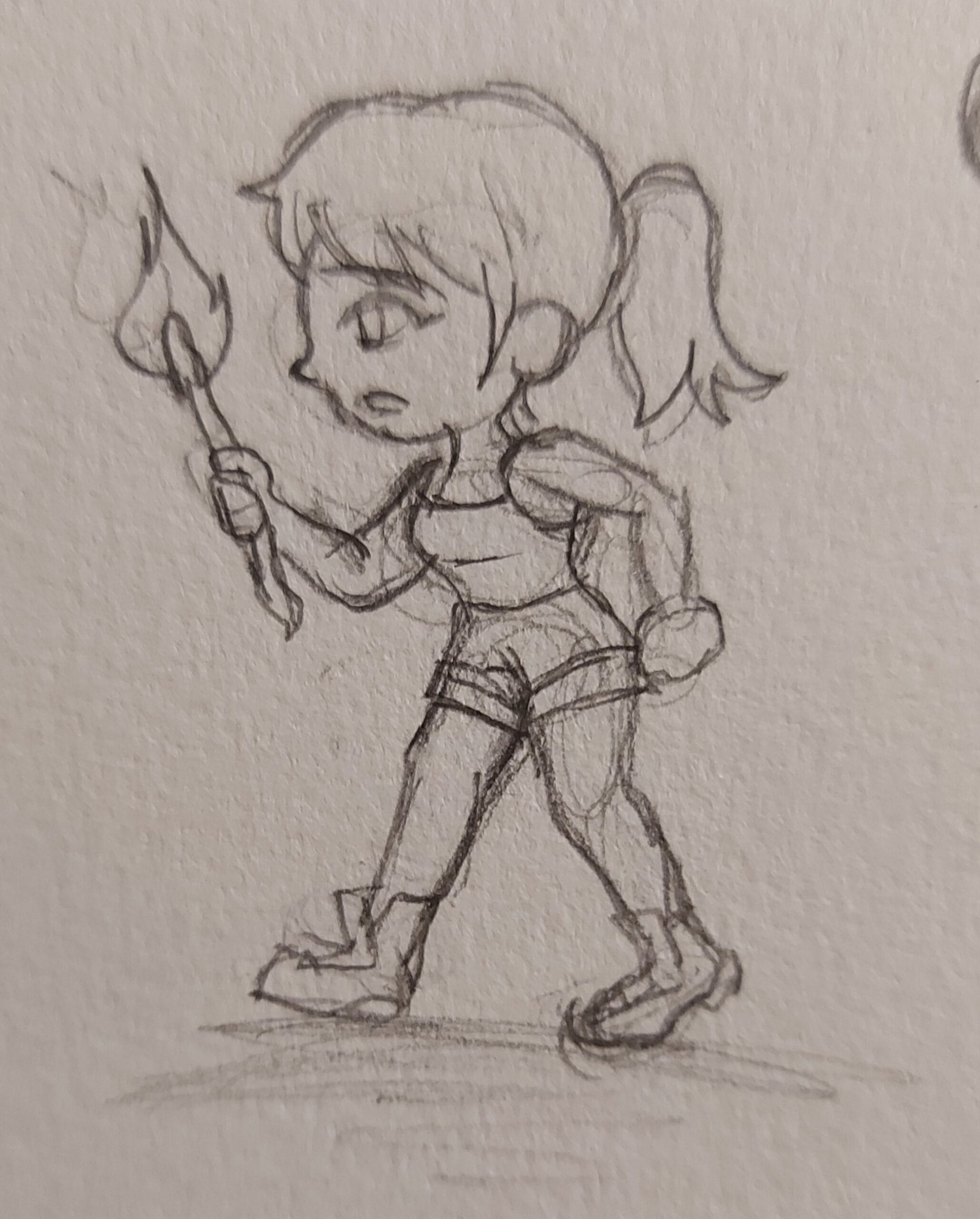 Sketch of Lara Croft walking with a torch.