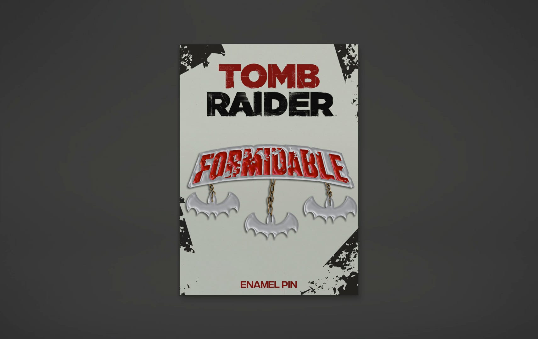 Preliminary enamel pin design that has says "Formidable" with bats hanging down from it.