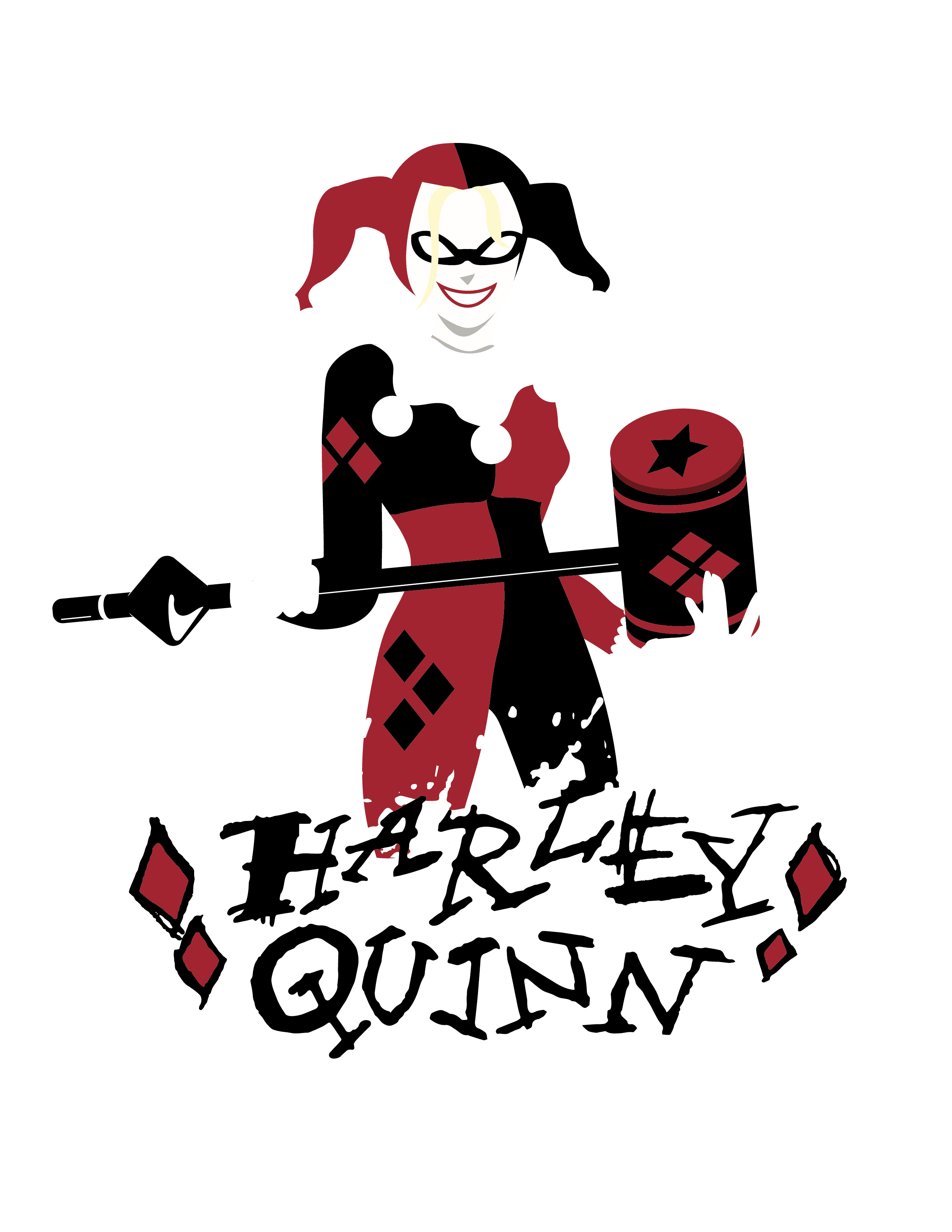 Vector illustration of Harley Quinn with text below her stating her name.
