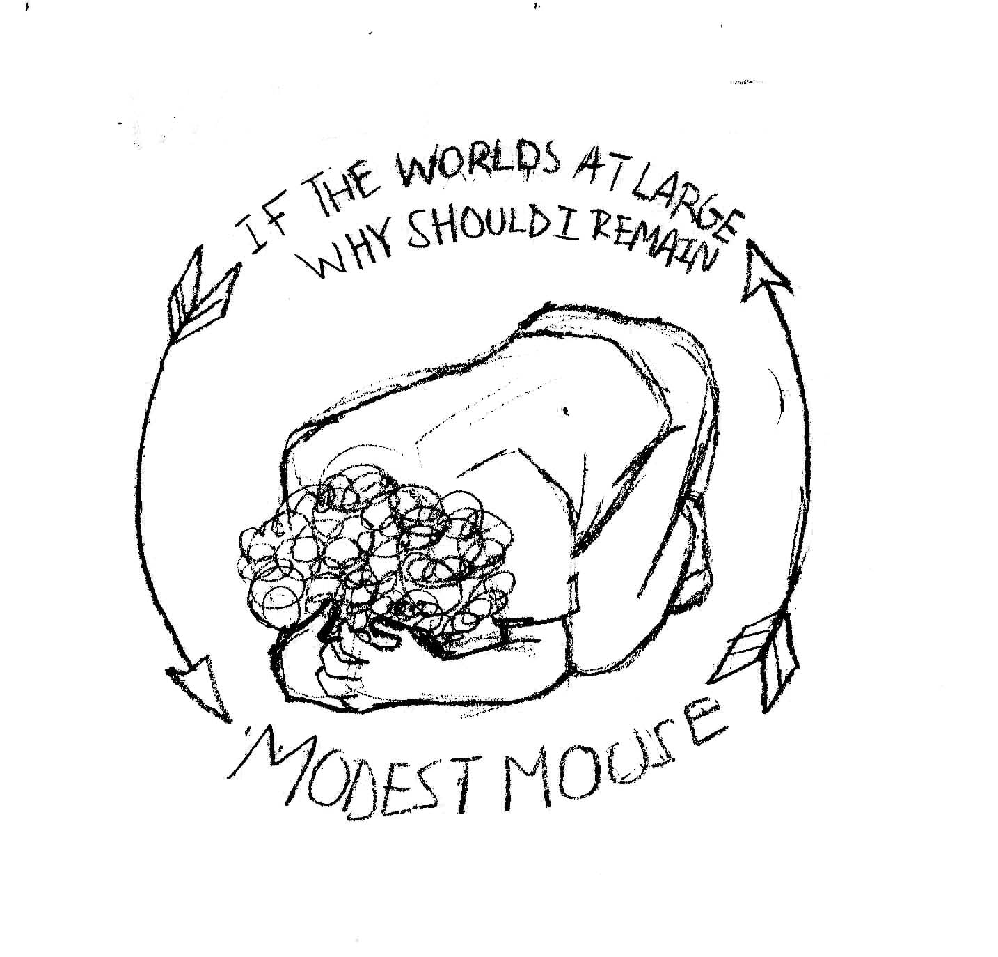 Drawing of a character on the floor holding their head. They are surrounded by text that says "If the worlds at large why should I remain."