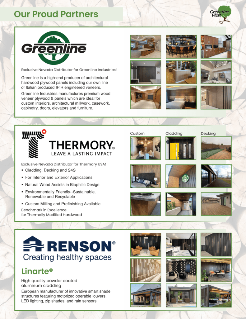 Back of the flyer shows their "Proud Partners" being Greenline Industries, Thermory, and Renson.