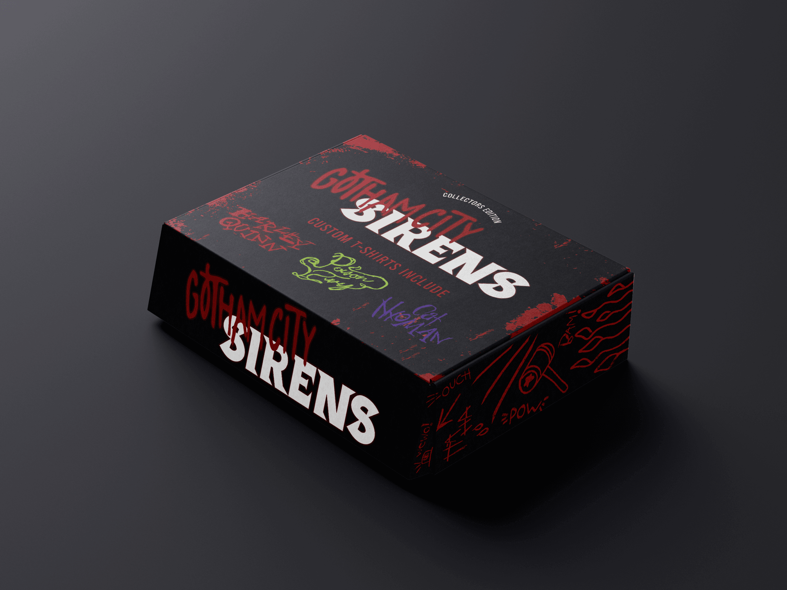 side view of a mailer box design for the Gotham City Siren shirts. 