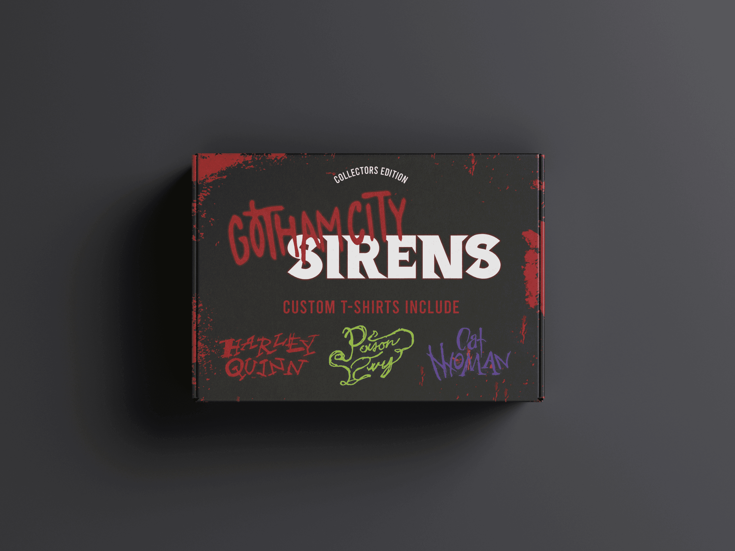 Top down view of a mailer box design for the Gotham City Siren shirts. 