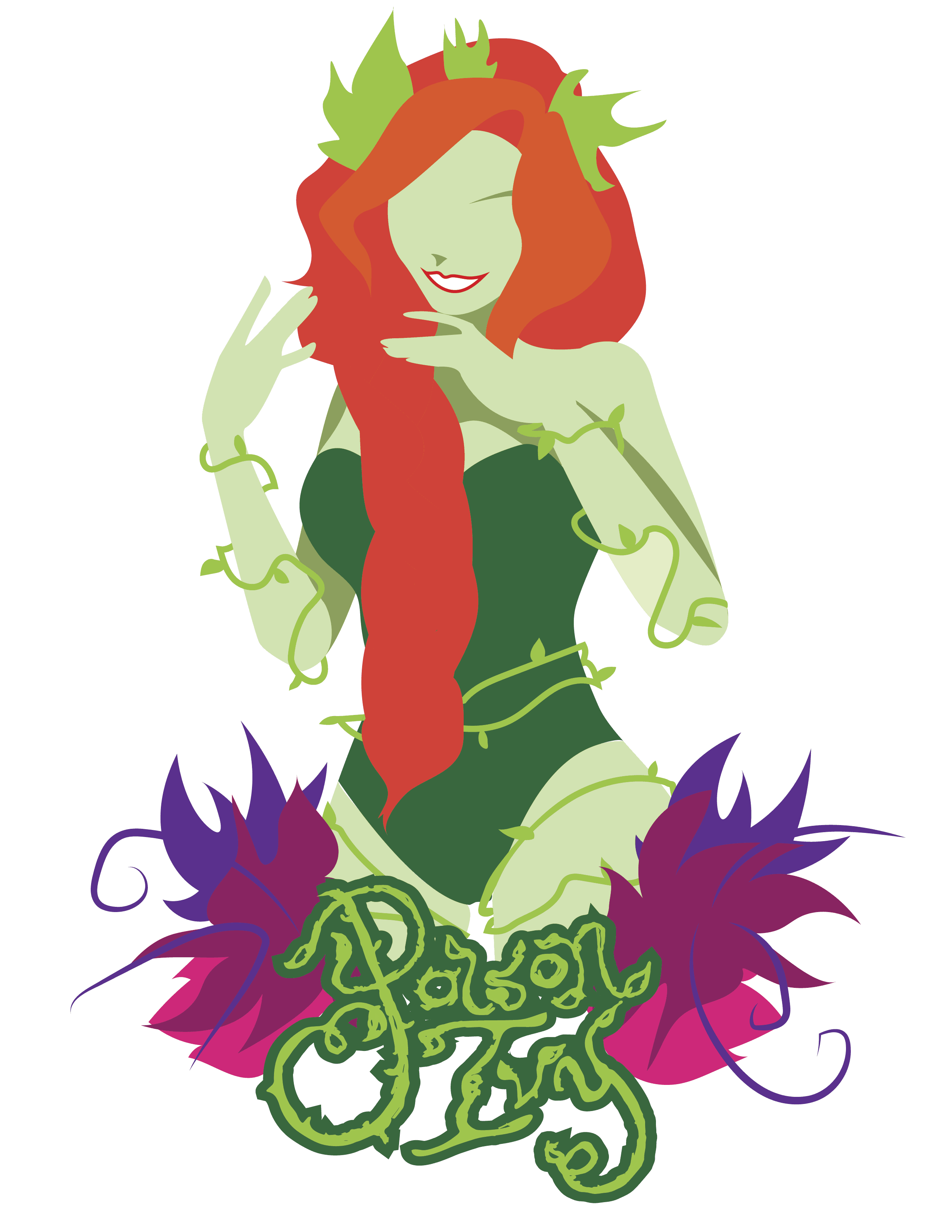 Vector illustration of Poison Ivy with text below her stating her name.
