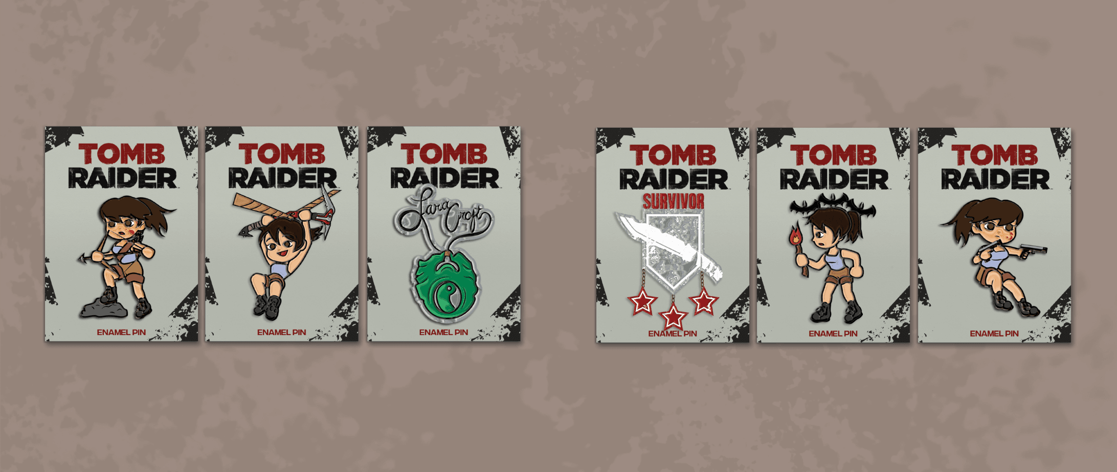 Line up of Enamel Pins. From left to right: Lara Croft standing on a rock holding a bow, Lara Croft Hang gliding on a rope, Lara Croft text connected to a jade necklace, badge that says "Survivor" on top with a hunting knife in the middle and three stars hanging from the bottom of the badge, Lara Croft holding a torch with bats on her head, lastly, Lara Croft shooting two pistols.