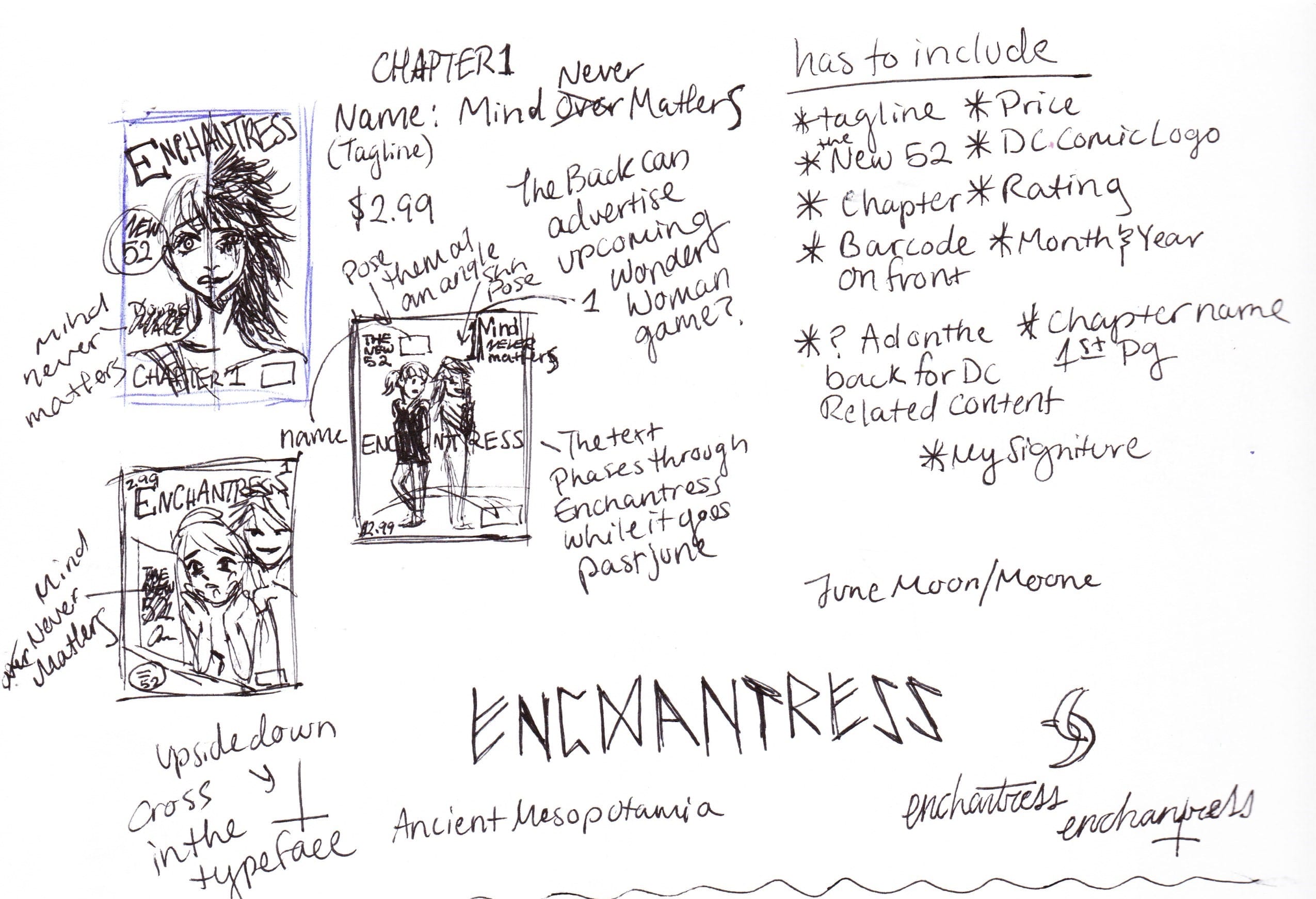 Sketches of the comics cover and layout, as well as a list of what to include.