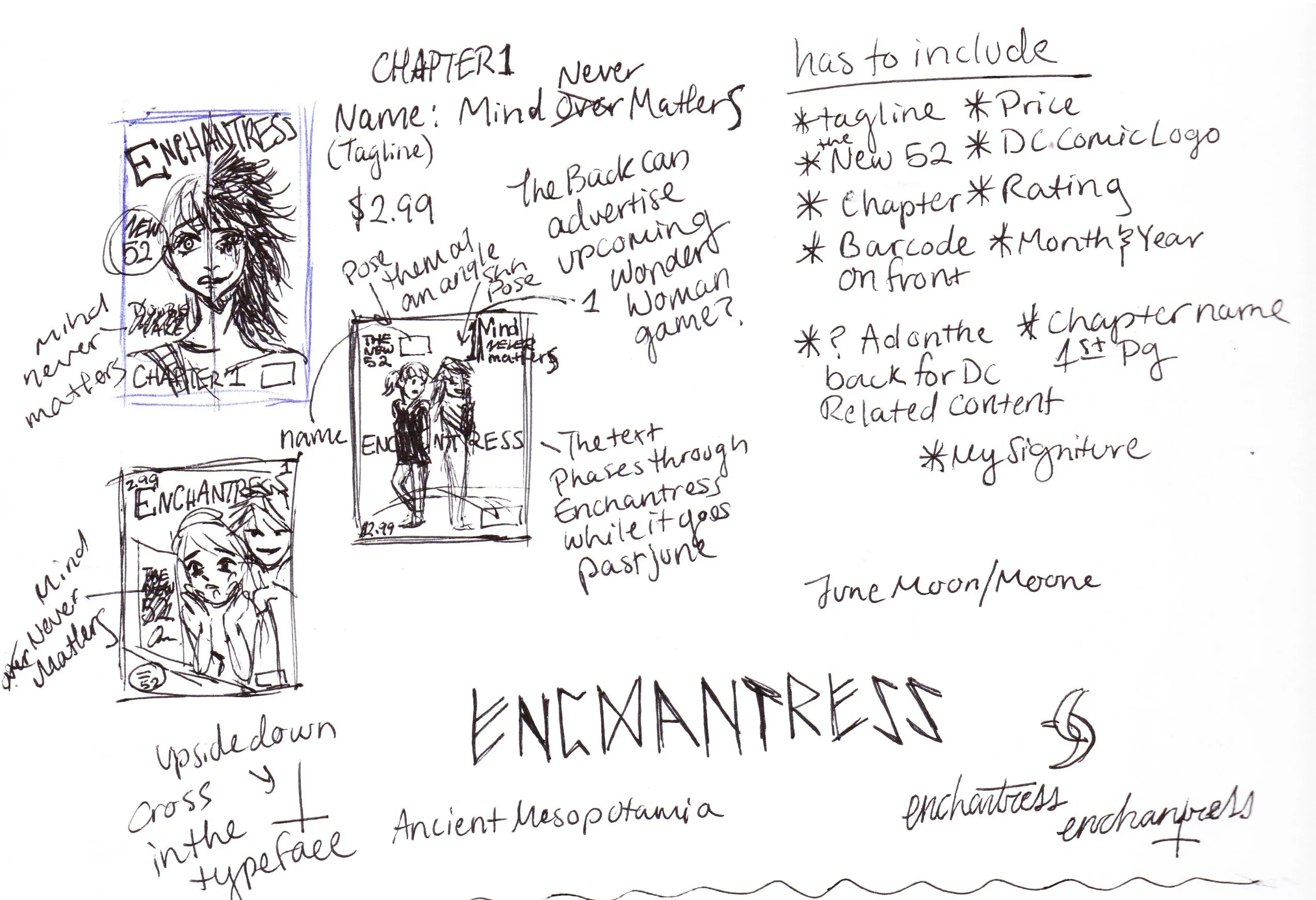 Sketches of the comics cover and layout, as well as a list of what to include.