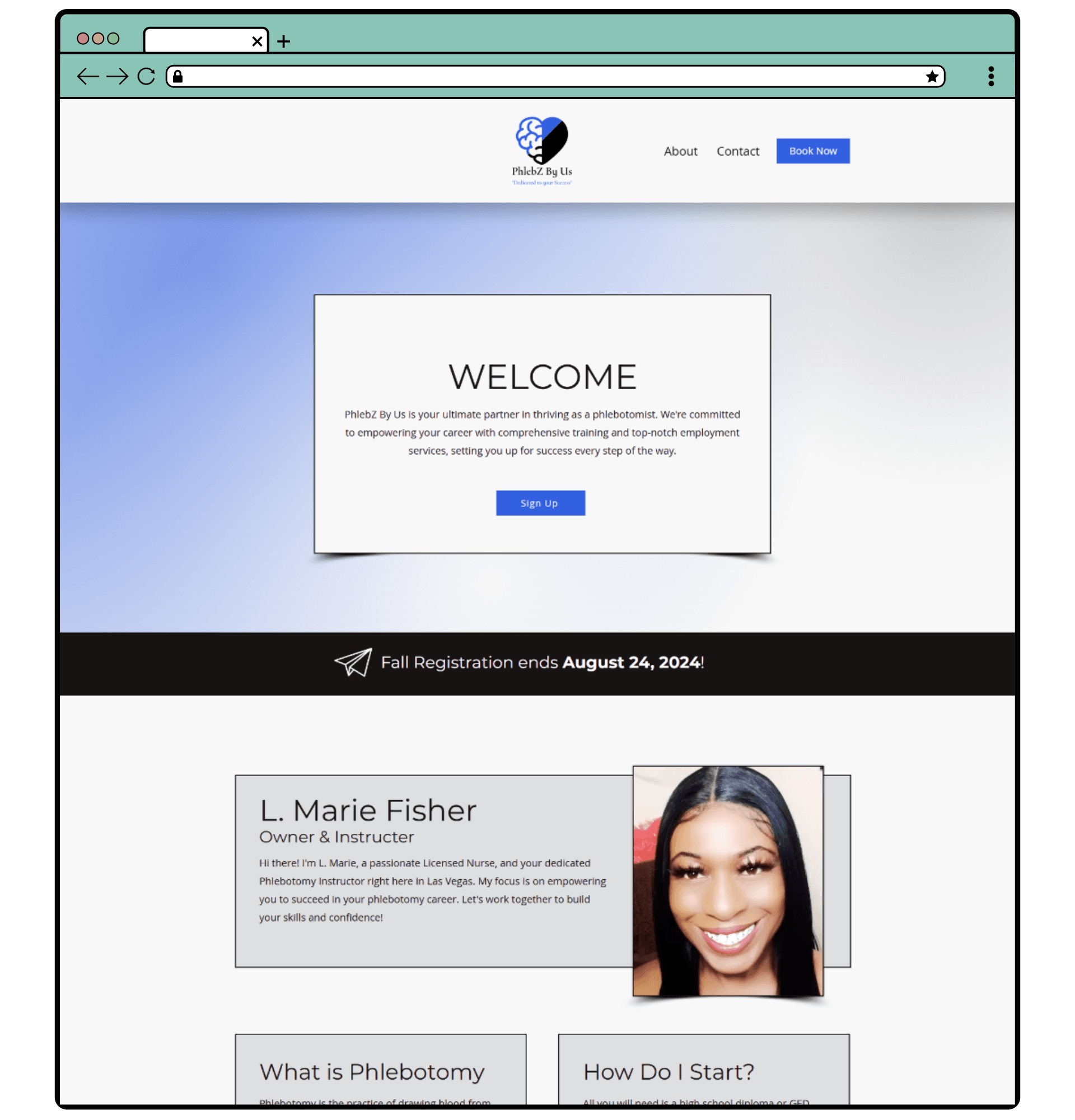 Desktop view of the Phlebz by Us homepage.