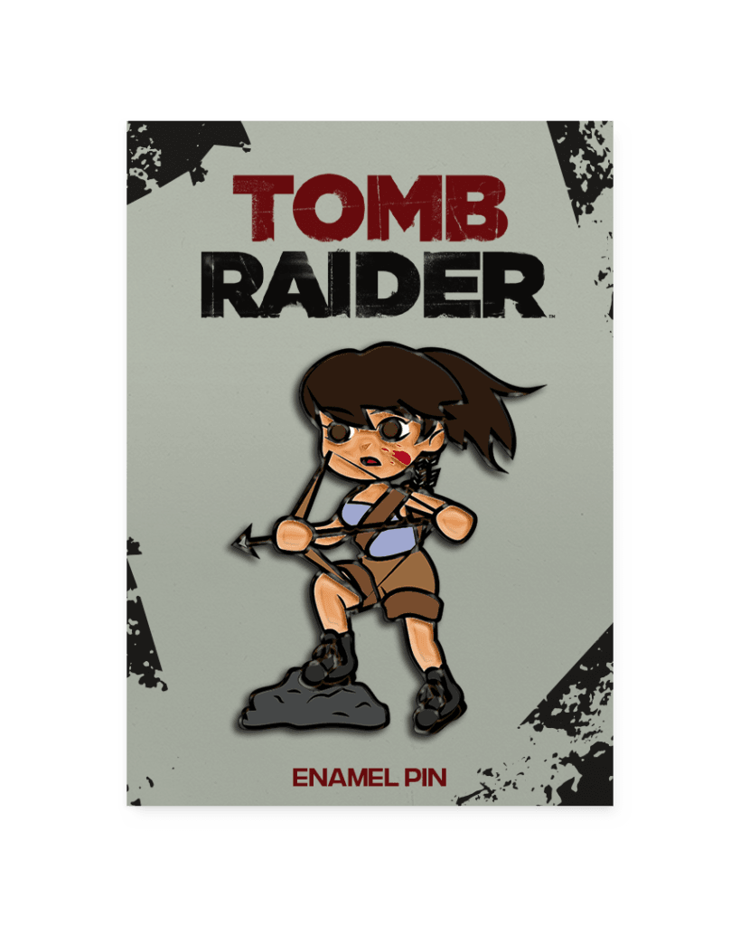 Lara Croft standing on a rock holding a bow.