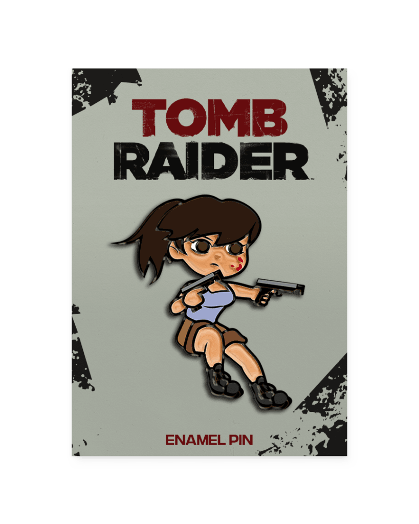 Lara Croft shooting two pistols.