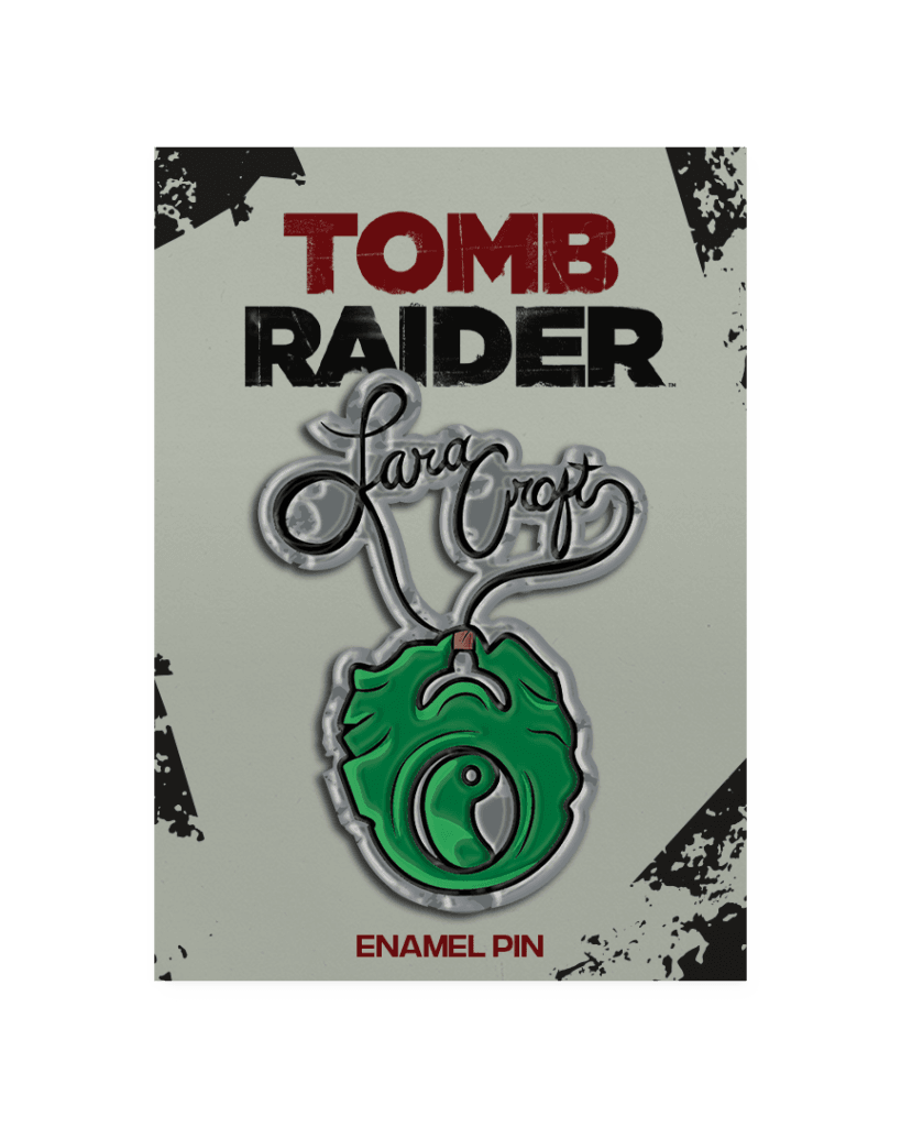 Lara Croft text connected to a jade necklace.