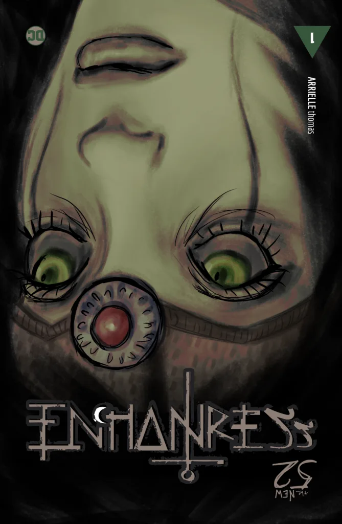 Front cover of the Enchantress comic book. There's an illustration of Enchantress' face upside down looking up. Her name is below with the "New 52 lable above it.
