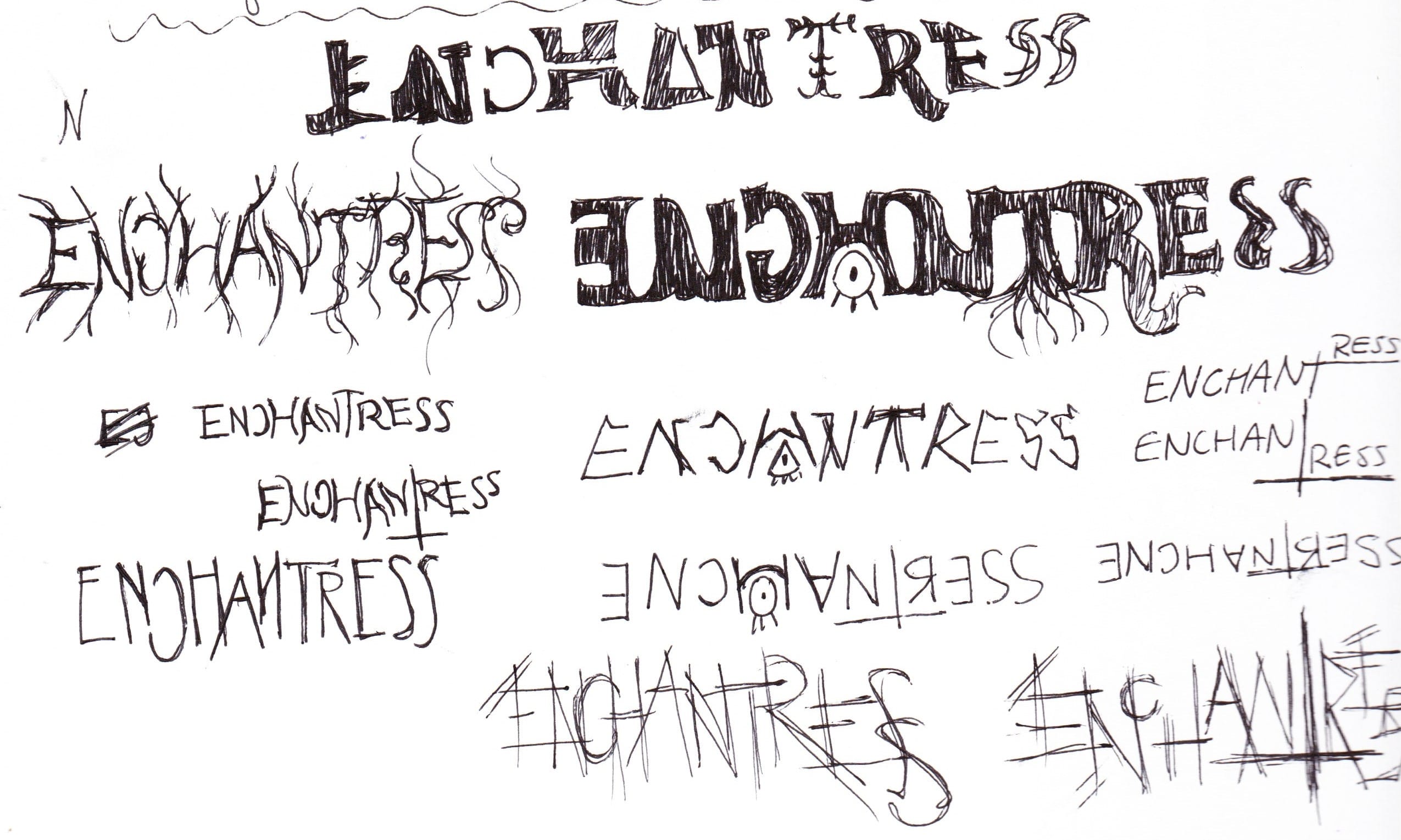 Sketches and ideation of the Enchantress title card.