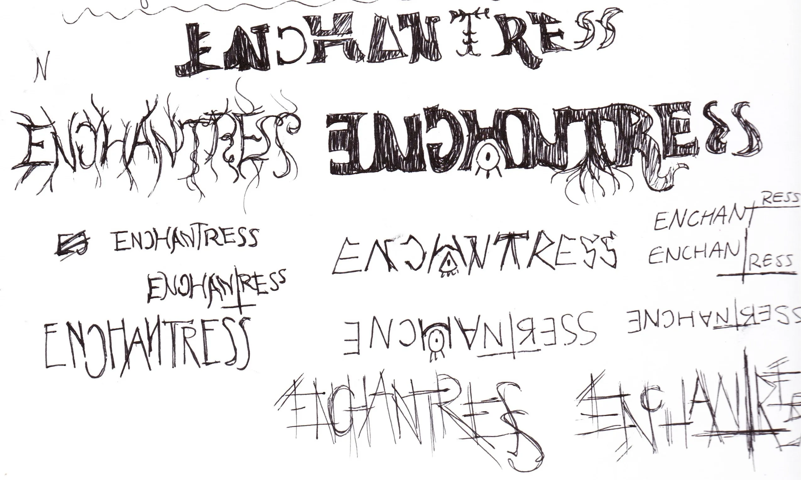 Sketches and ideation of the Enchantress title card.
