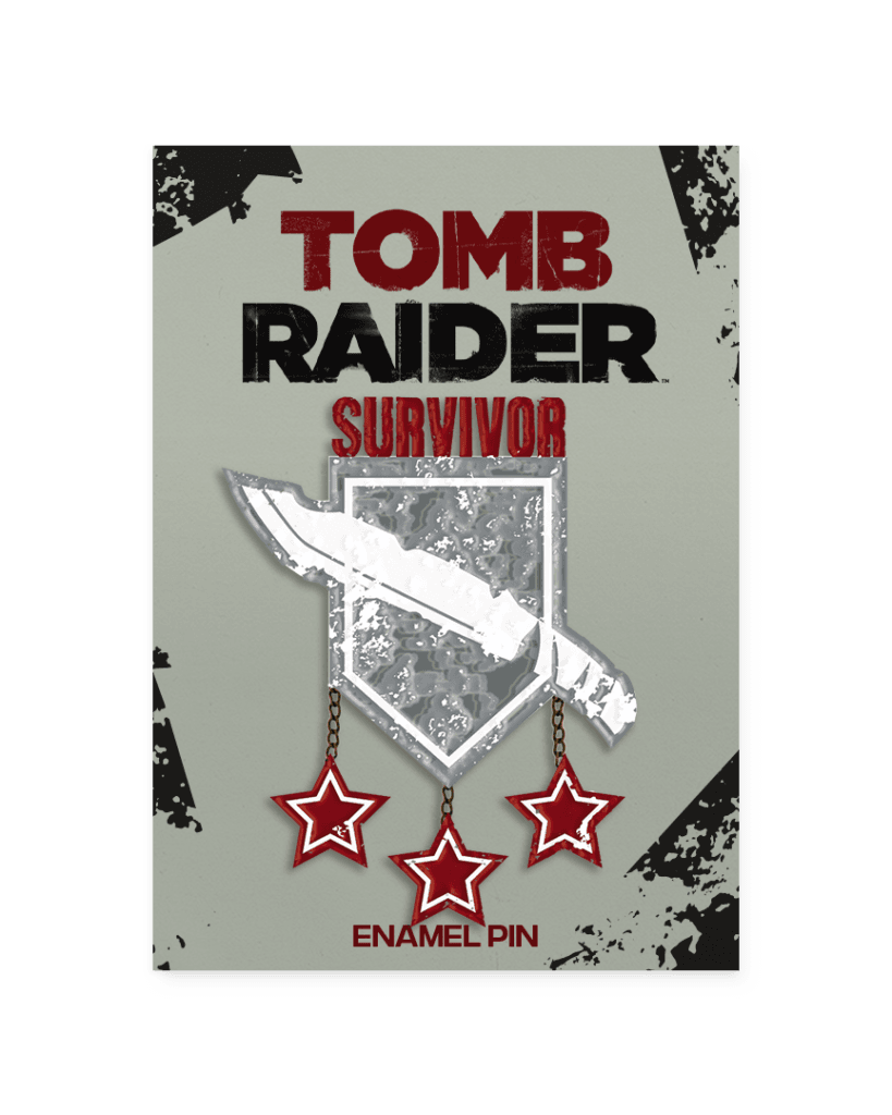Badge that says "Survivor" on top with a hunting knife in the middle and three stars hanging from the bottom of the badge.