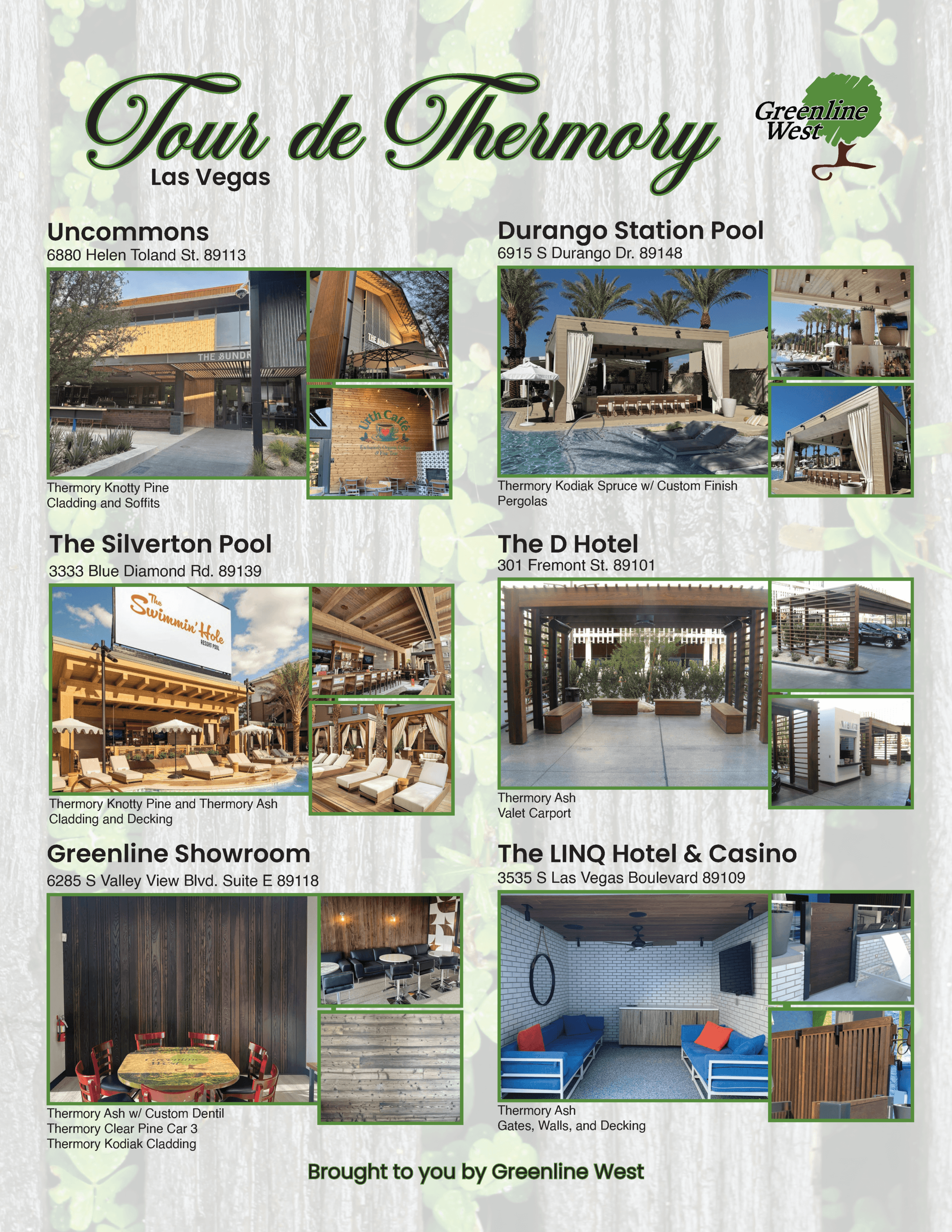 "Tour de Thermory" flyer showing where to find buildings they've worked on.