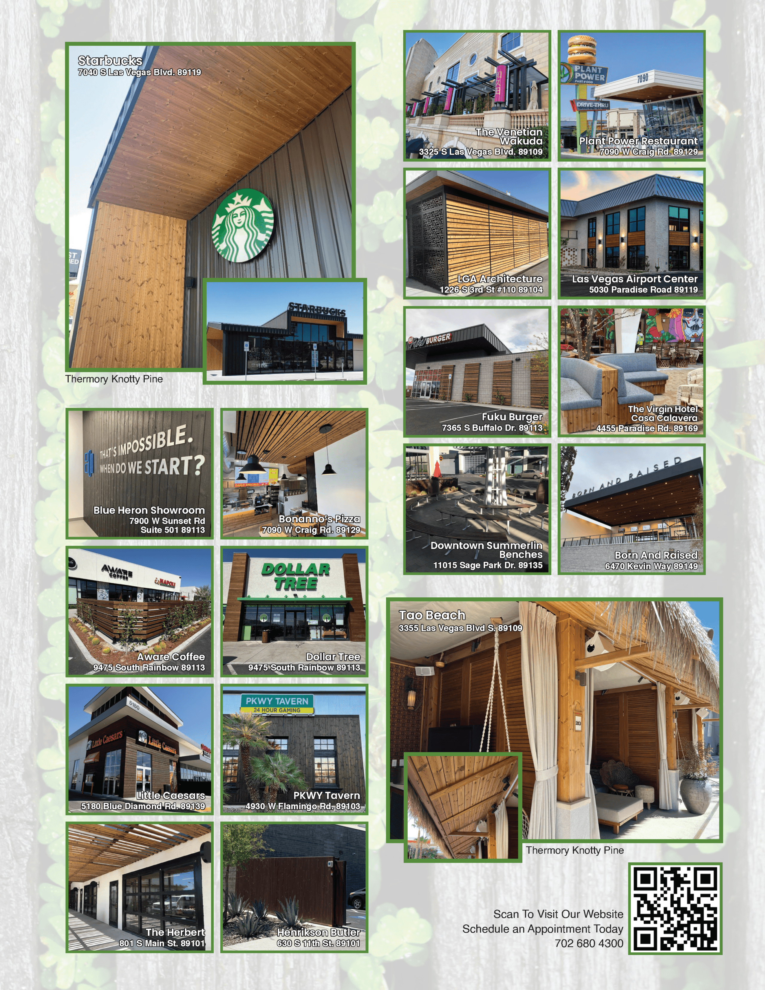 Back of the "Tour de Thermory" flyer showing where to find more buildings they've worked on.