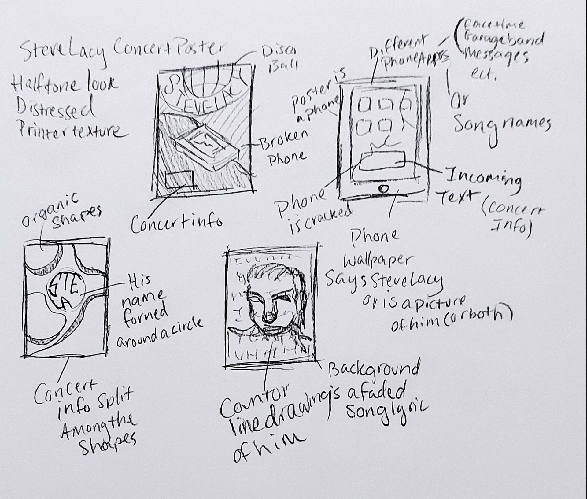 Sketches for the layout and design of the Gig poster.