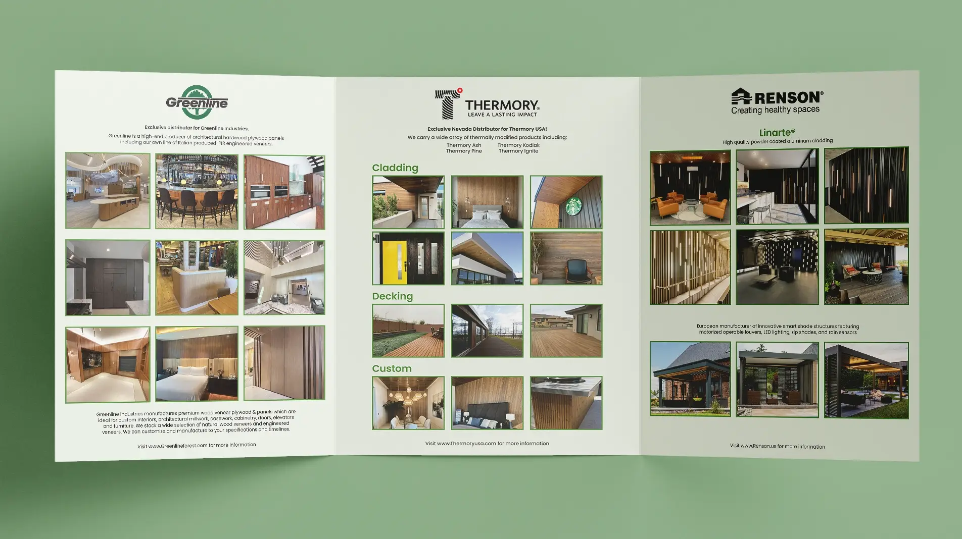 Photo of the inside of a tri-fold spread out. Includes information about Greenline West's partners: Greenline Industries, Thermory, and Renson.