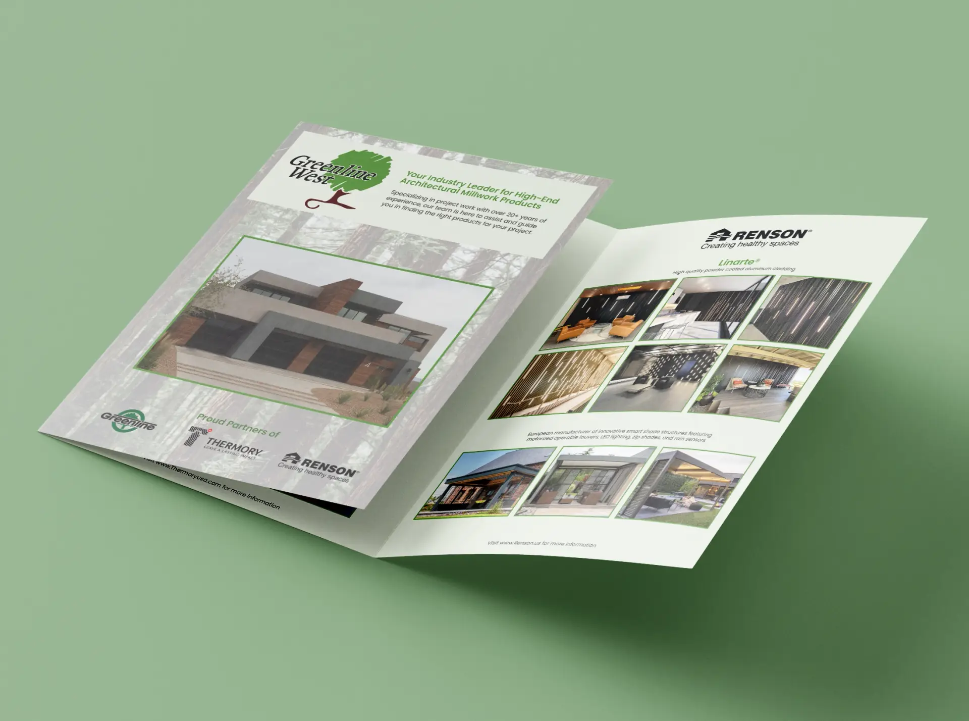 Photo of a tri-fold brochure half way folded showing the front page and an inside page.