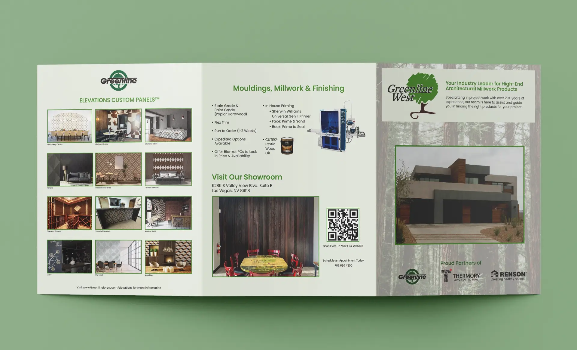 Photo of the front of a tri-fold spread out. Includes information about Greenline West and Greenline Industries Elevations collection.