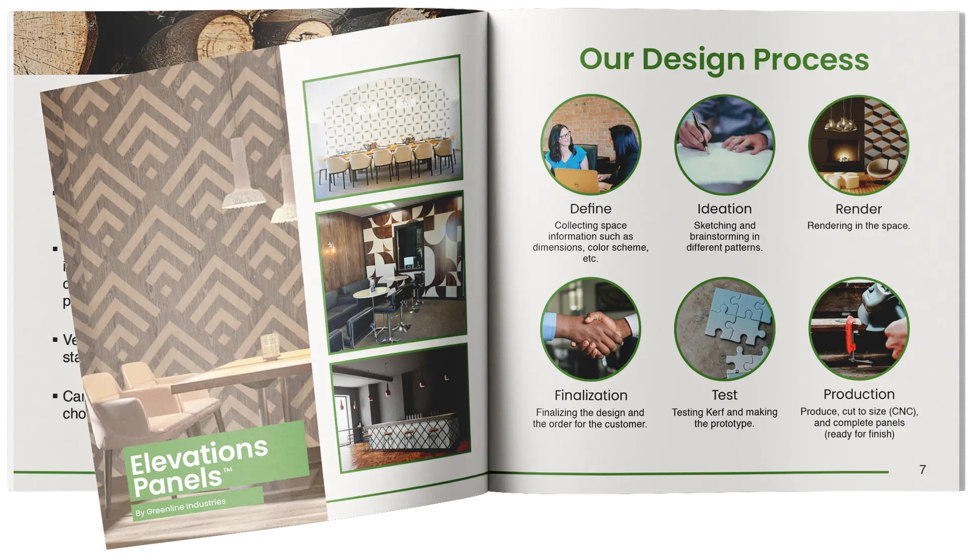 Small booklet with Greenline West's collection on the left and information on their design process on the right.