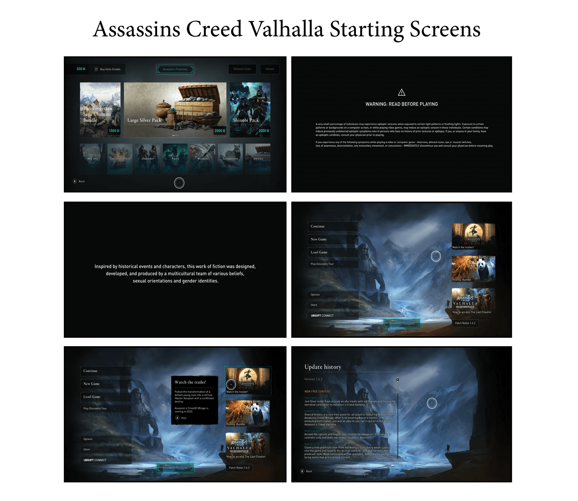 Compilation of Assassin's Creed Valhalla's current starting interfaces.