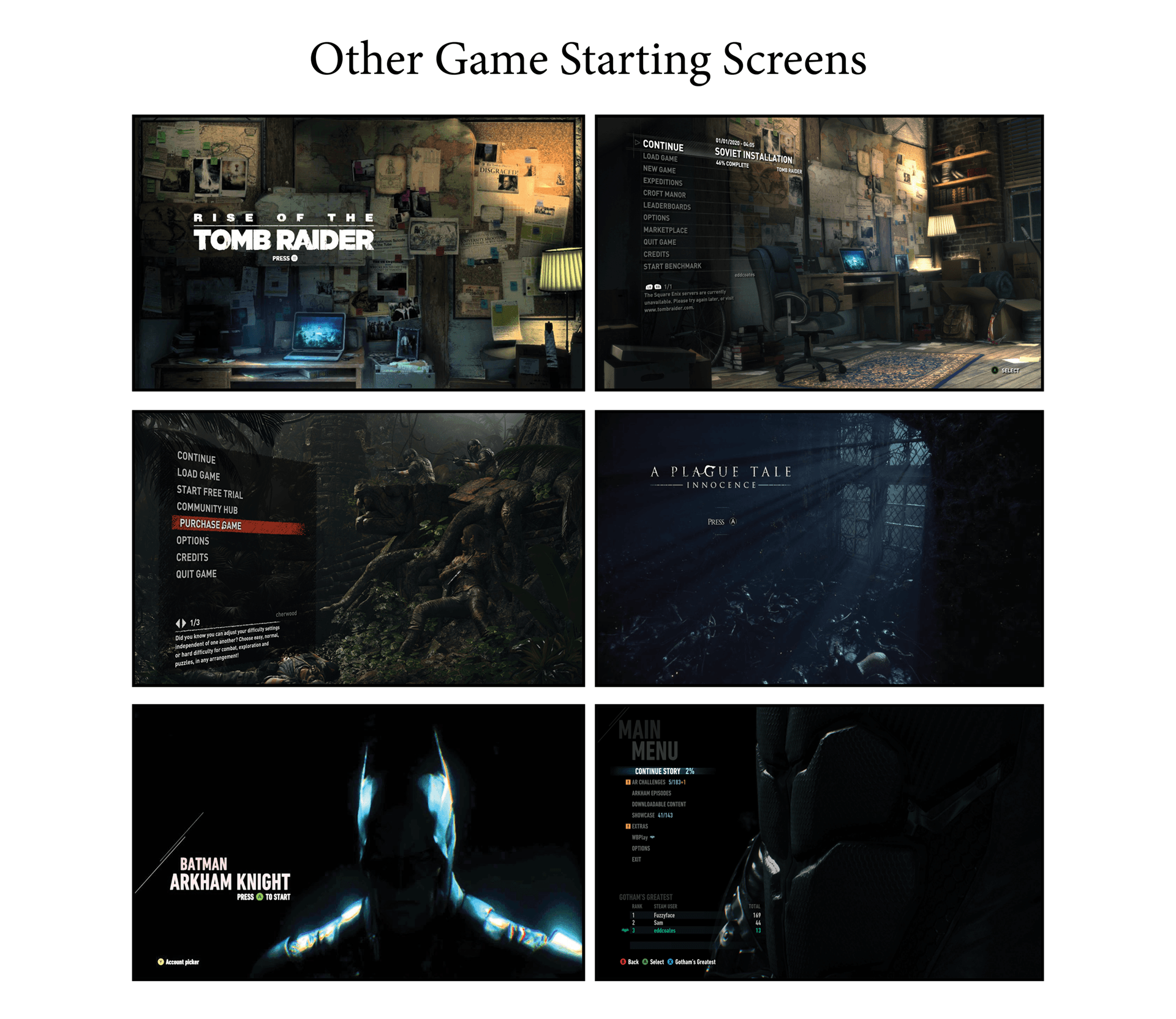 Compilation of starting screens from other games that I take inspiration from. 