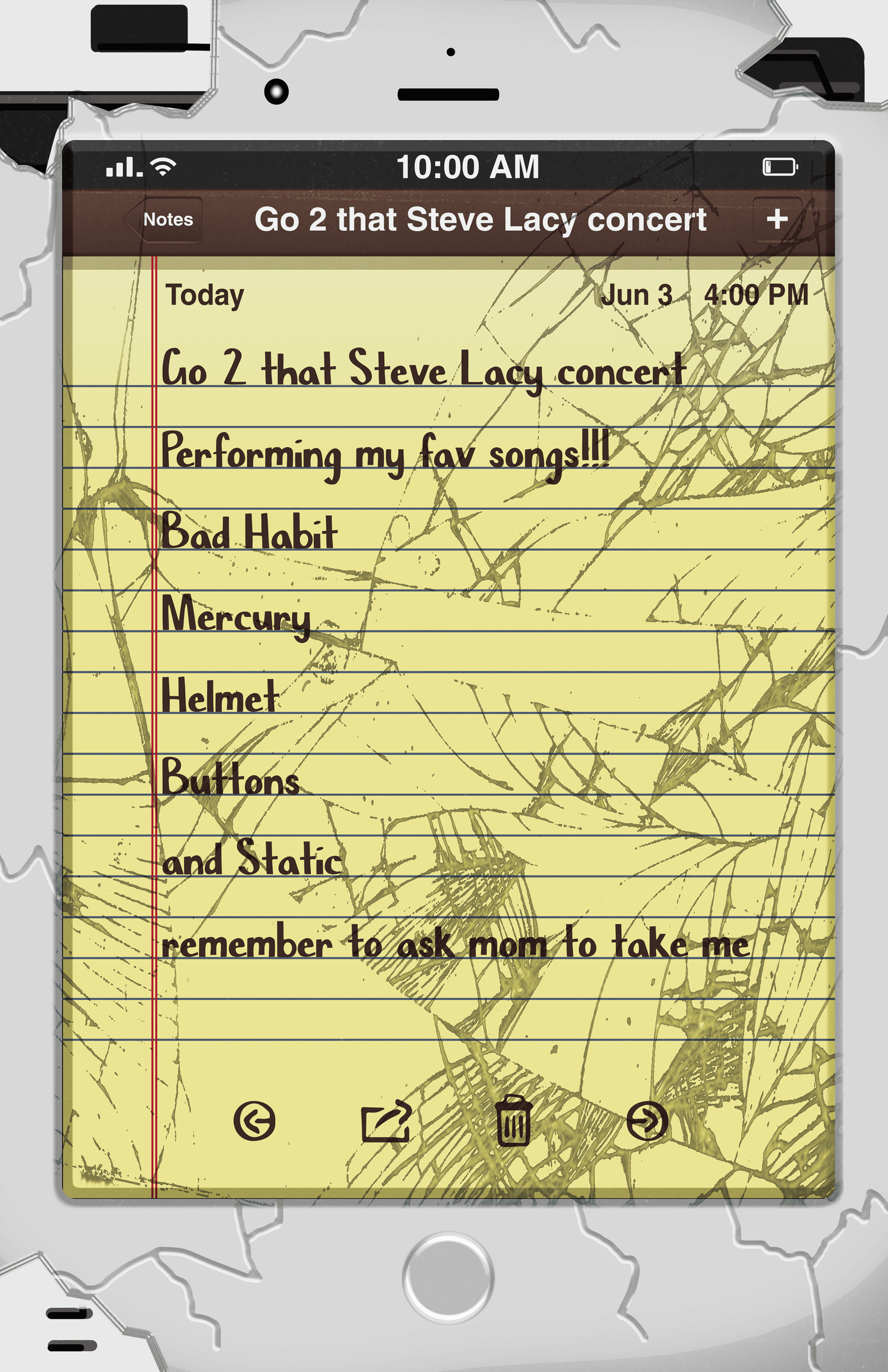 Recreation of a notes app screenshot on a broken phone.
