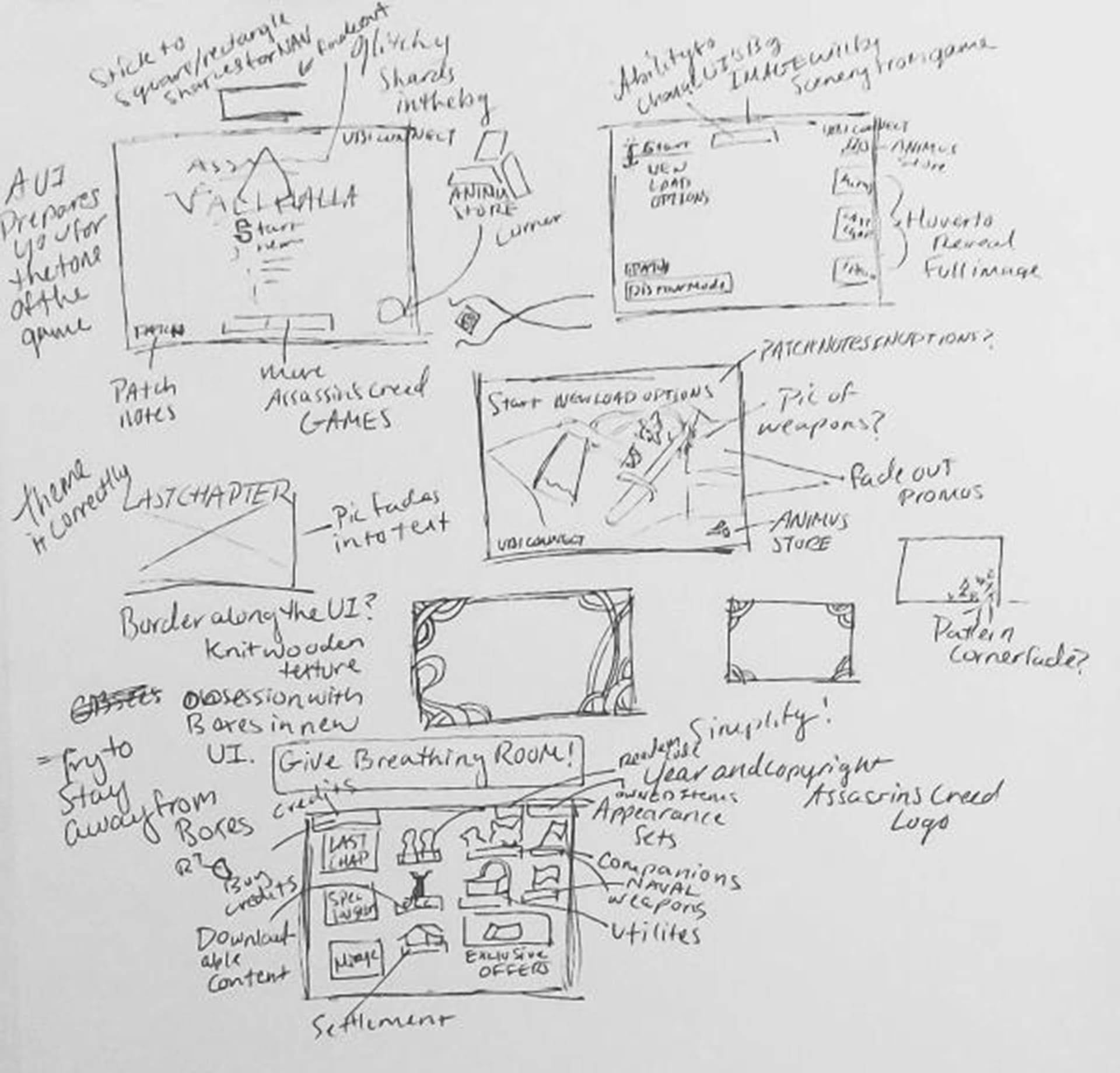 Sketches for the Assassin's Creed Valhalla interface redesigns.