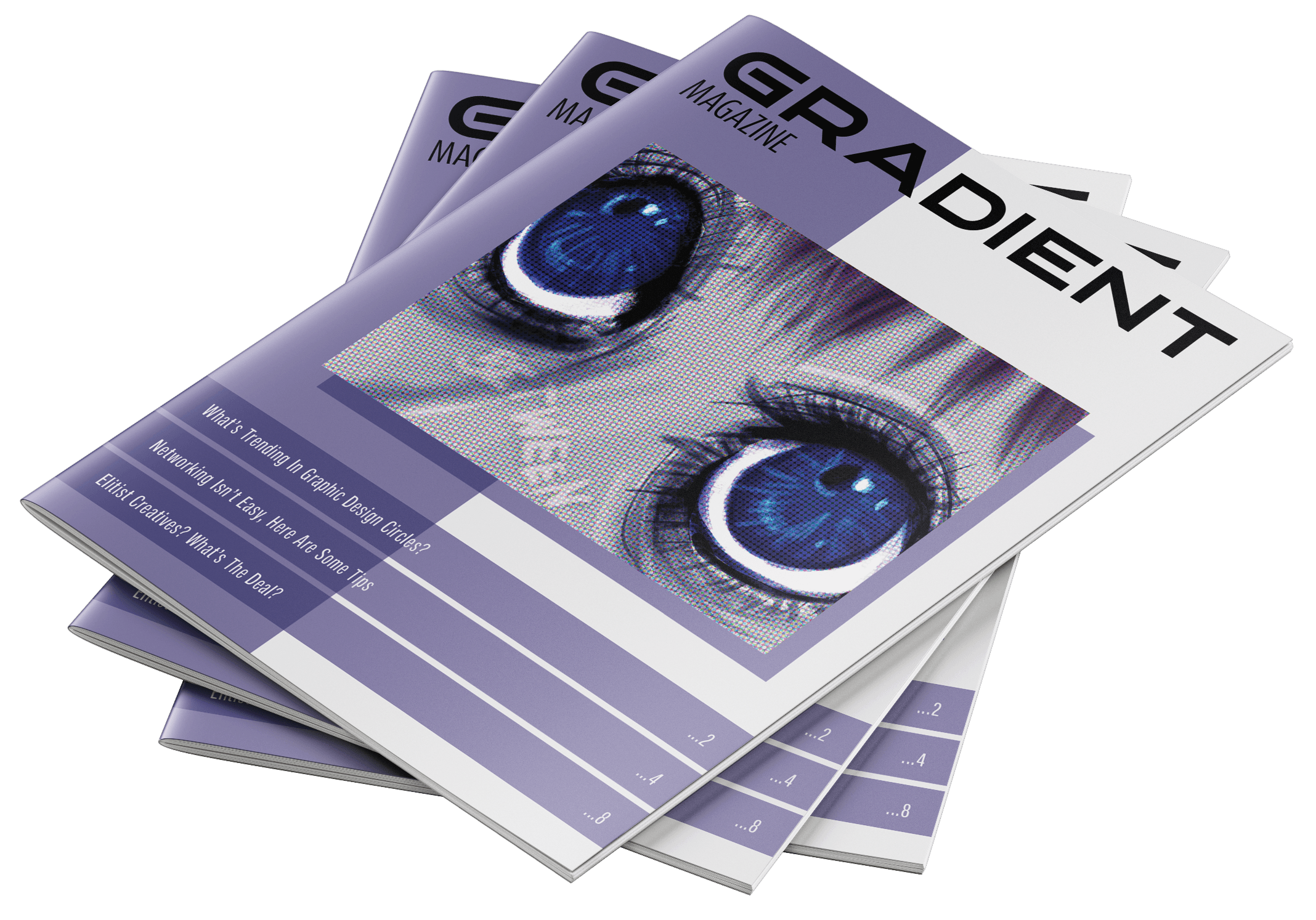 Mockup of multiple gradient magazines showing the front cover.