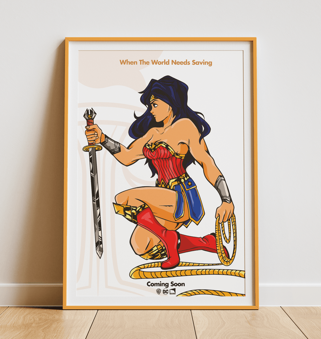 Mockup of the Illustrated Wonder Woman poster in a frame.