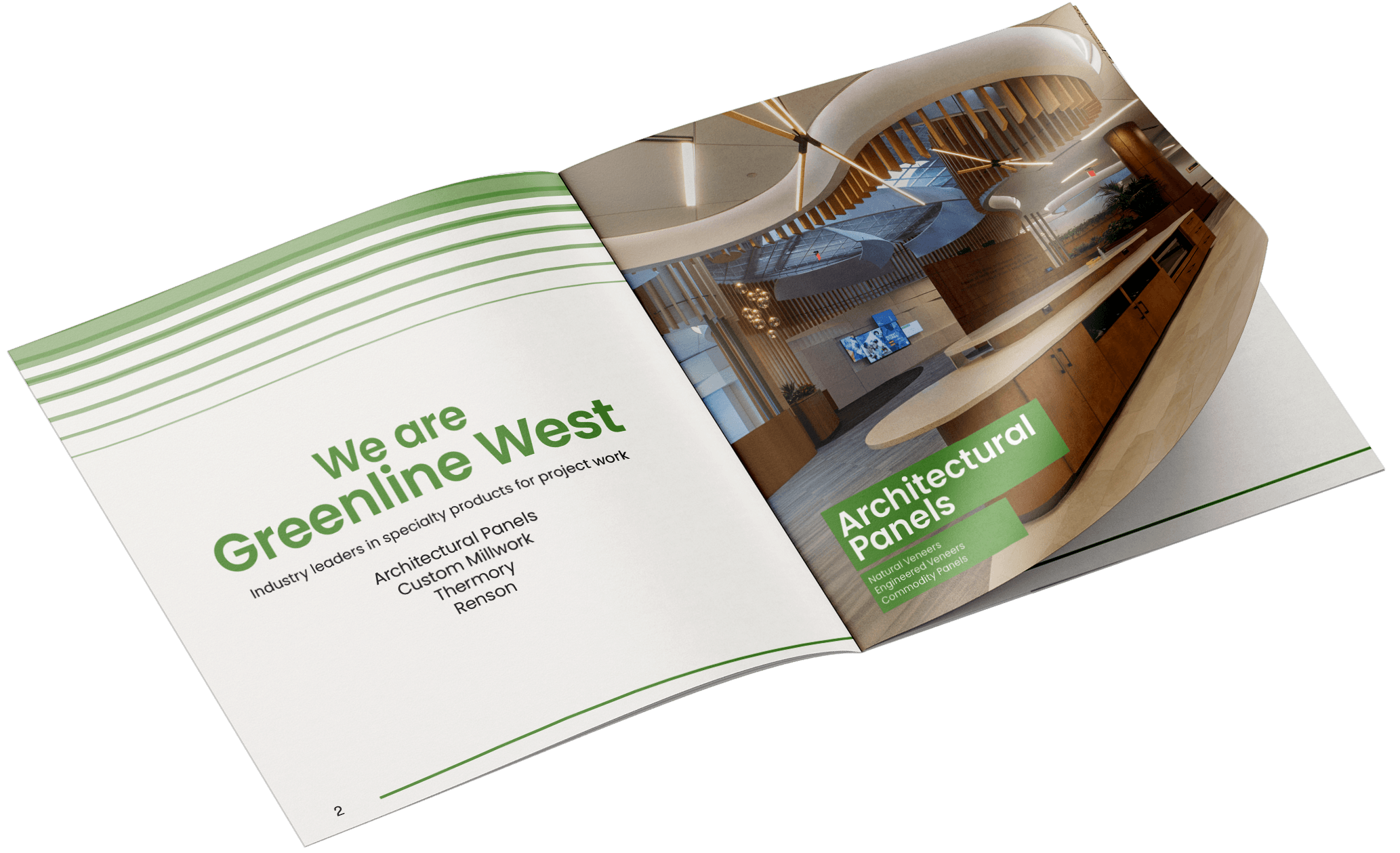Small booklet with Greenline West's introduction on the left and another introduction on their architectural panels on the right.