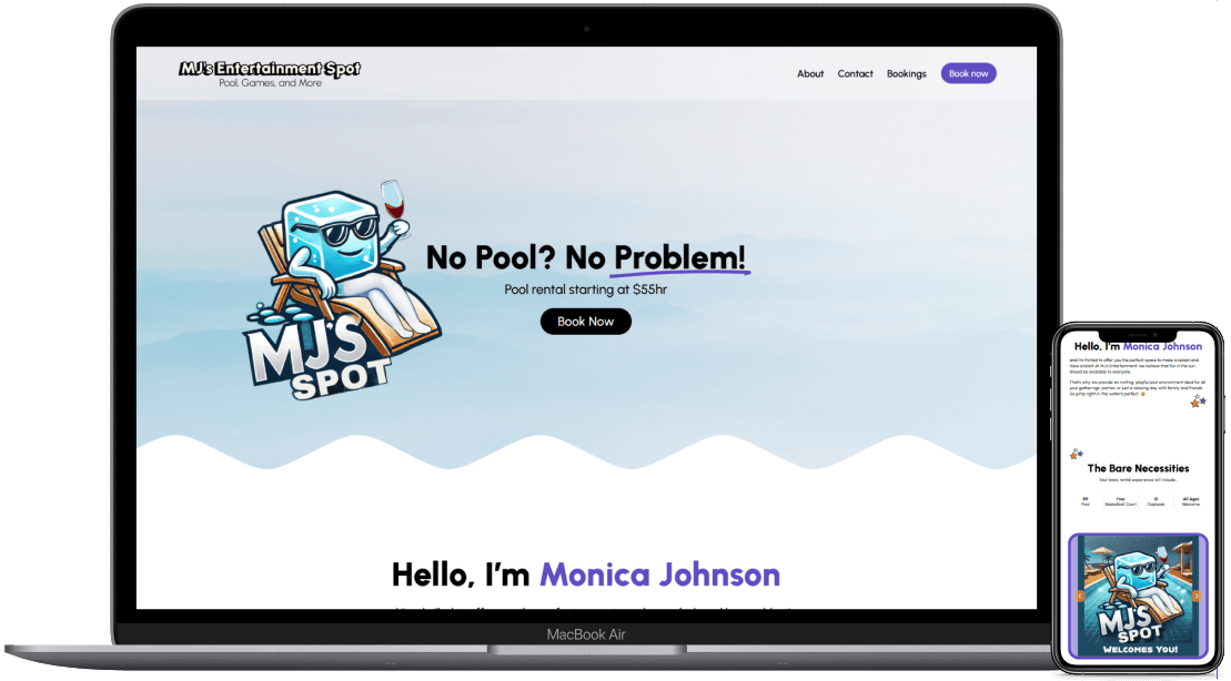 MJ's Entertainment spot, home page mockup for phone and laptop.