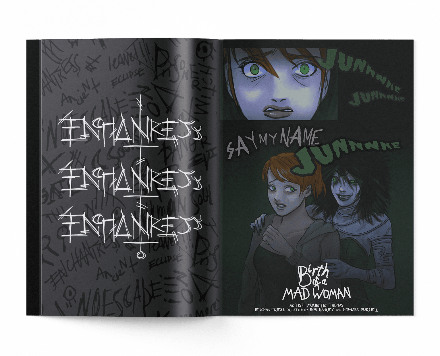 Two page spread inside of the Enchantress comic.